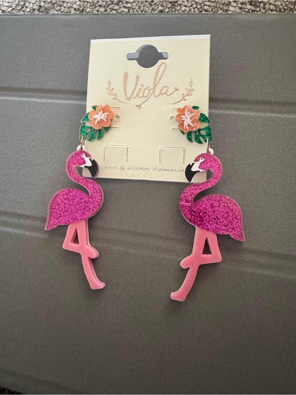 Pink Glitter Flamingo Dangle Earrings NWT